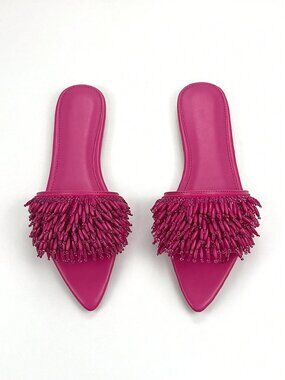 Hot Pink Vacation Women's Beaded PU Fabric Pointed Toe Flat Mule Sandals